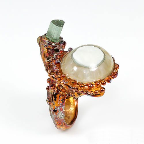 טבעת בשיבוץ אגט וטורמלין ירוק עבודת יד כסף ציפוי זהב מולטי טון מידה: 7.5