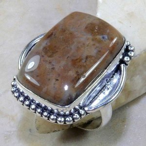טבעת כסף 925 בשיבוץ אבן ג'ספר חום מנומר עיצוב מלבן מידה: 8.25