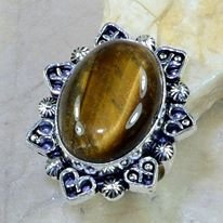 טבעת כסף 925 בשיבוץ אבן טייגר אי זהב עיצוב אובלי מידה: 8