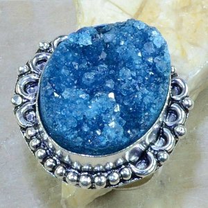 טבעת כסף 925 בשיבוץ דרוזי כחול עיצוב אובלי מידה: 9.5