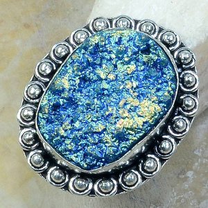 טבעת כסף 925 משובצת אבן טיטניום כחול מידה: 8.25