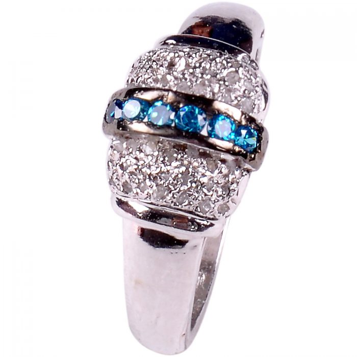 טבעת כסף 925 בשיבוץ יהלומי גלם 0.94 קרט וזירקונים כחול