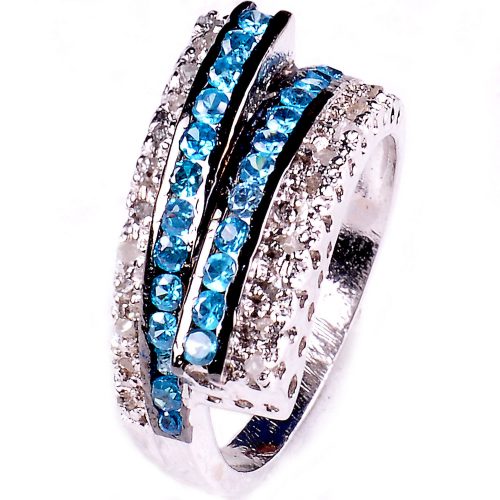 טבעת כסף 925 בשיבוץ יהלומי גלם וזירקונים כחול מידה: 7.5